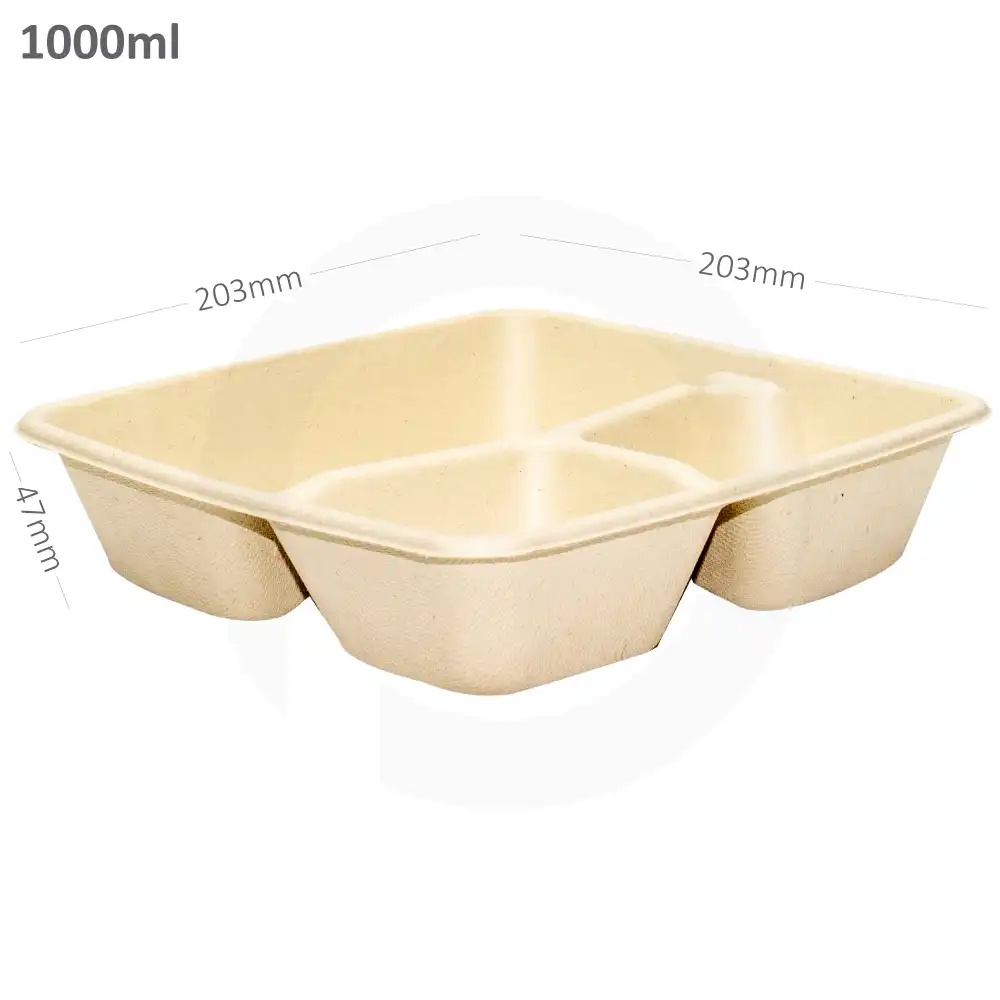 [018011] 1000ml Bagasse Sugarcane Square 3-compartment Food Bowl 200/ctn